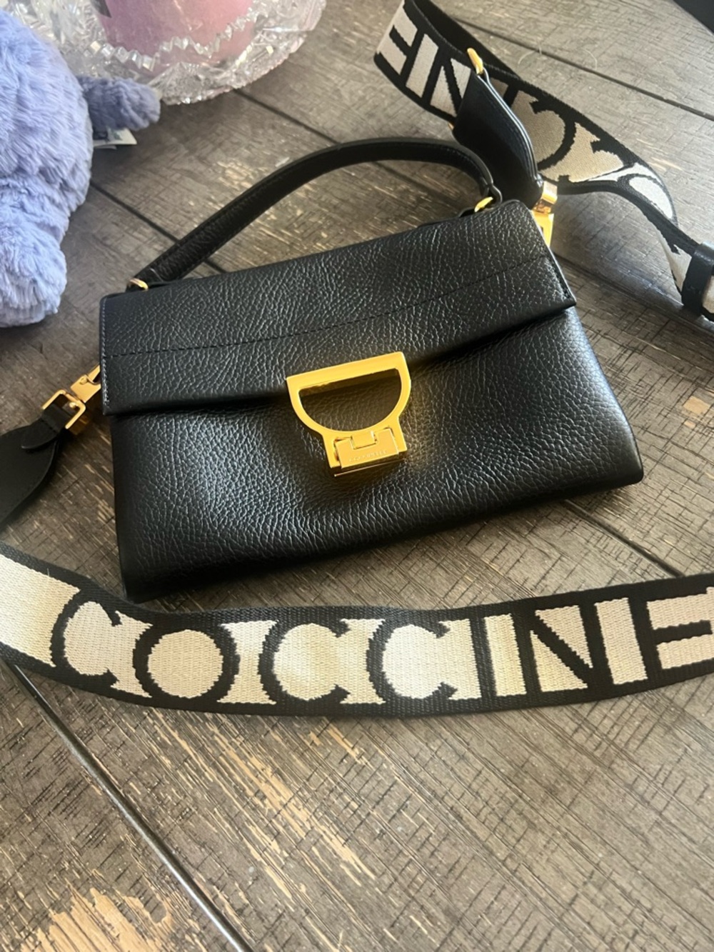 Black Pebbled Leather Crossbody with Gold Hardware and Logo Strap
